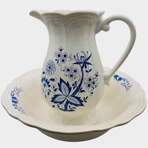 Federalist USA Ironstone Pitcher and Wash Basin Set, Blue Onion Pattern 1960s